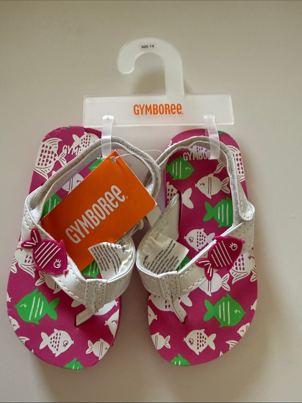 Gymboree Pink and Green Fish Print Flip Flops with White Straps